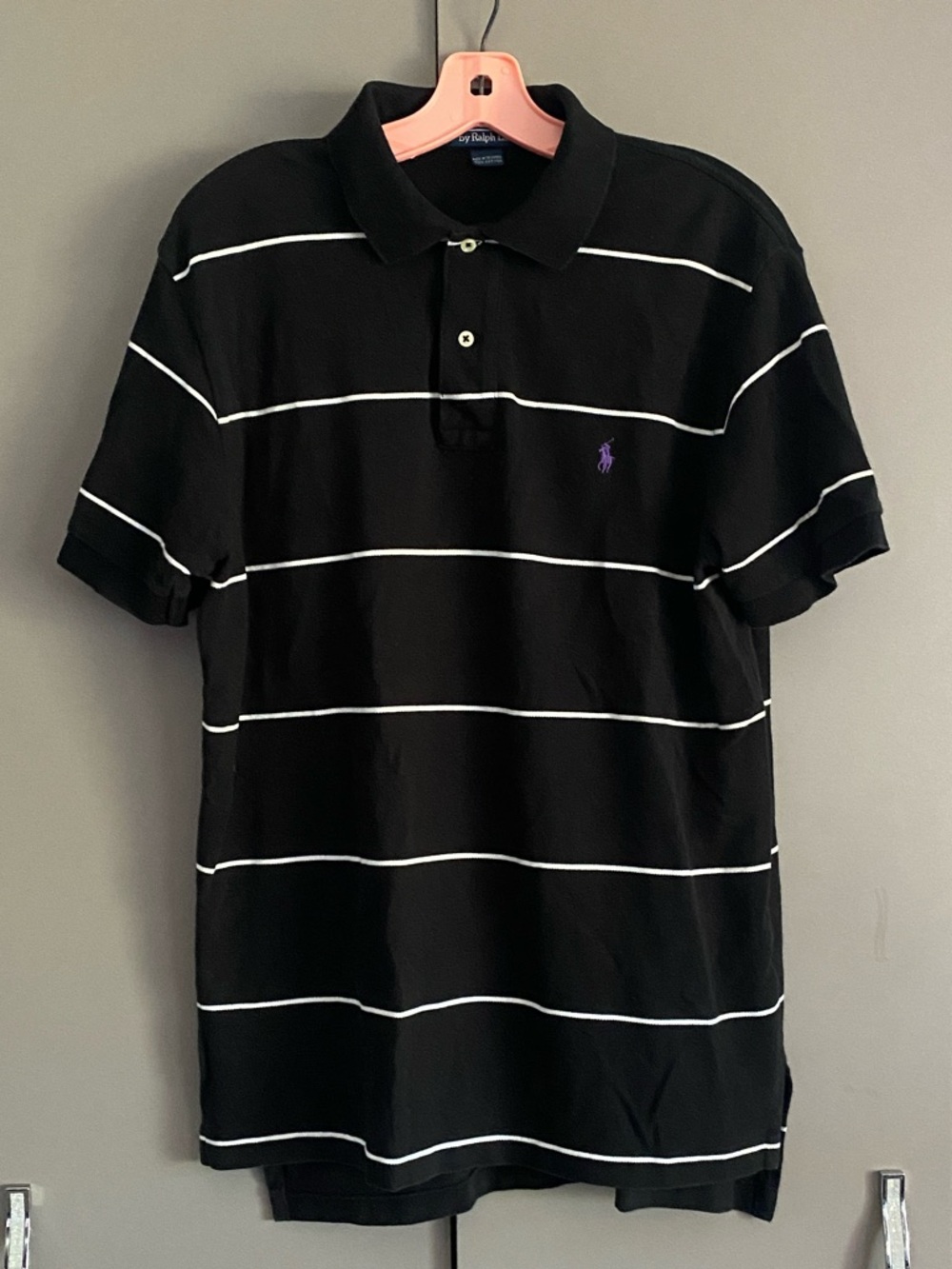 Polo Ralph Lauren Black Polo with White Stripes and Purple Polo Logo